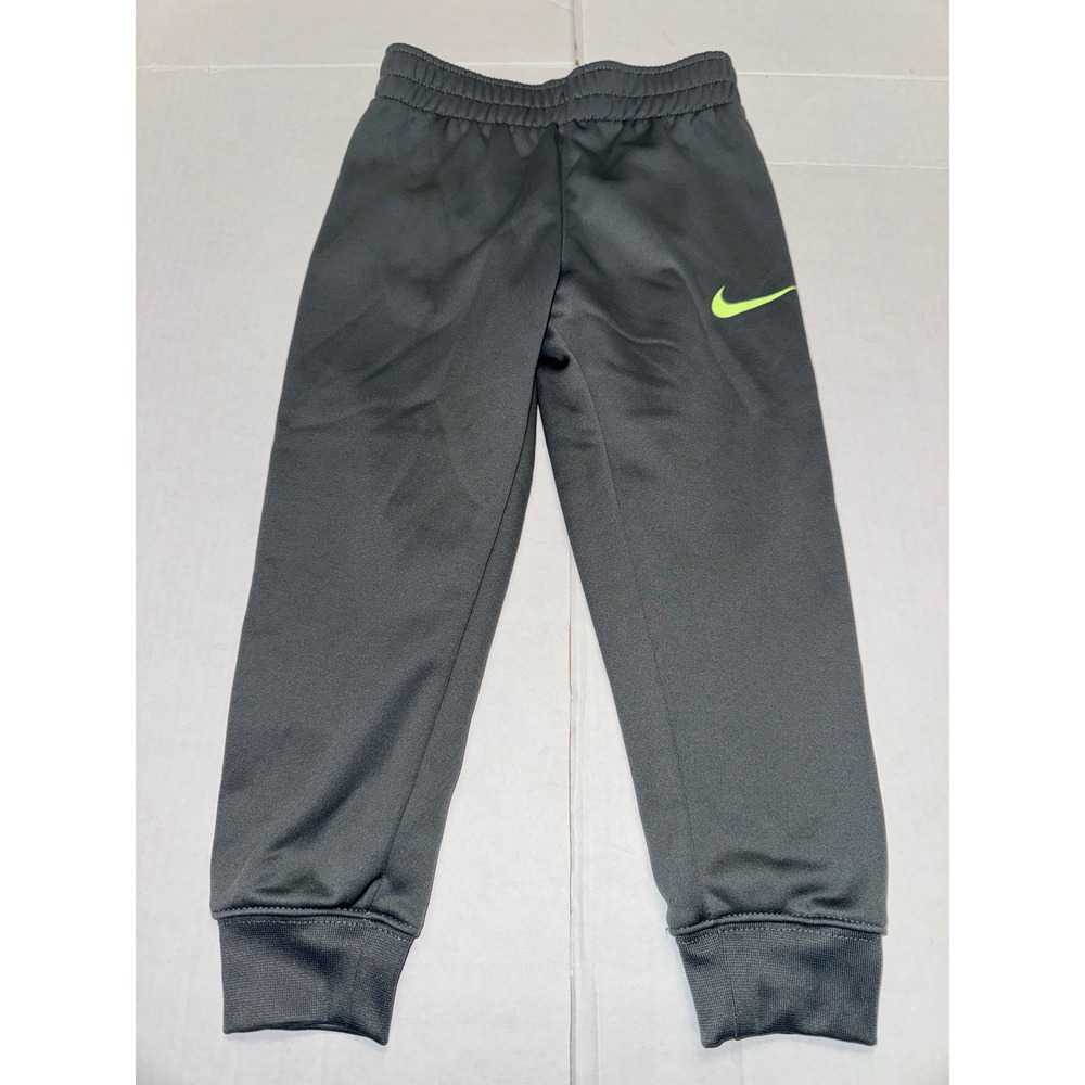 Nike Therma Fit Kids Joggers Pants Charcoal Gray Neon Swoosh Size 4 XS‎